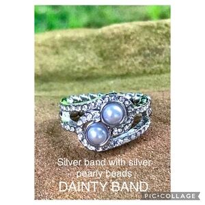 Collect Up Front Silver Dainty Band stretchy Ring with Pearly Beads